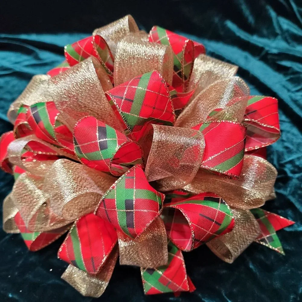 Christmas Tree Bow Topper, Red/Green Plaid & Gold Ribbon Tree Topper 44 Loop Bow